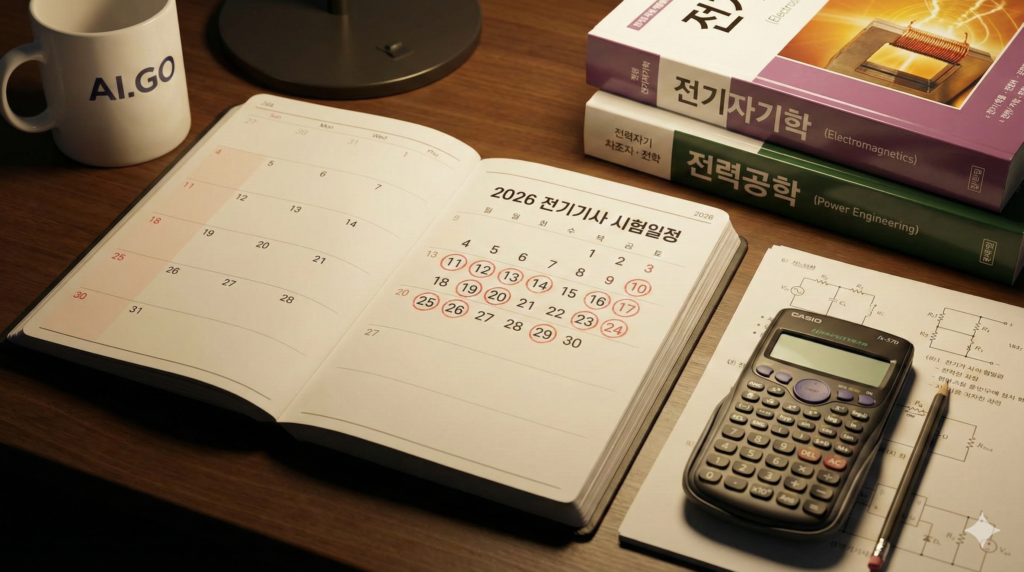 2026년 전기기사 시험 일정표와 AI.GO 머그컵