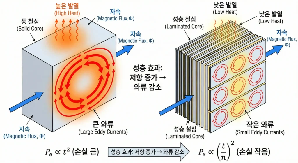 와류손(맴돌이 전류) 감소 원리 비교: 통 철심(Solid Core) 대 성층 철심(Laminated Core)의 전류 경로 및 발열 차이 다이어그램