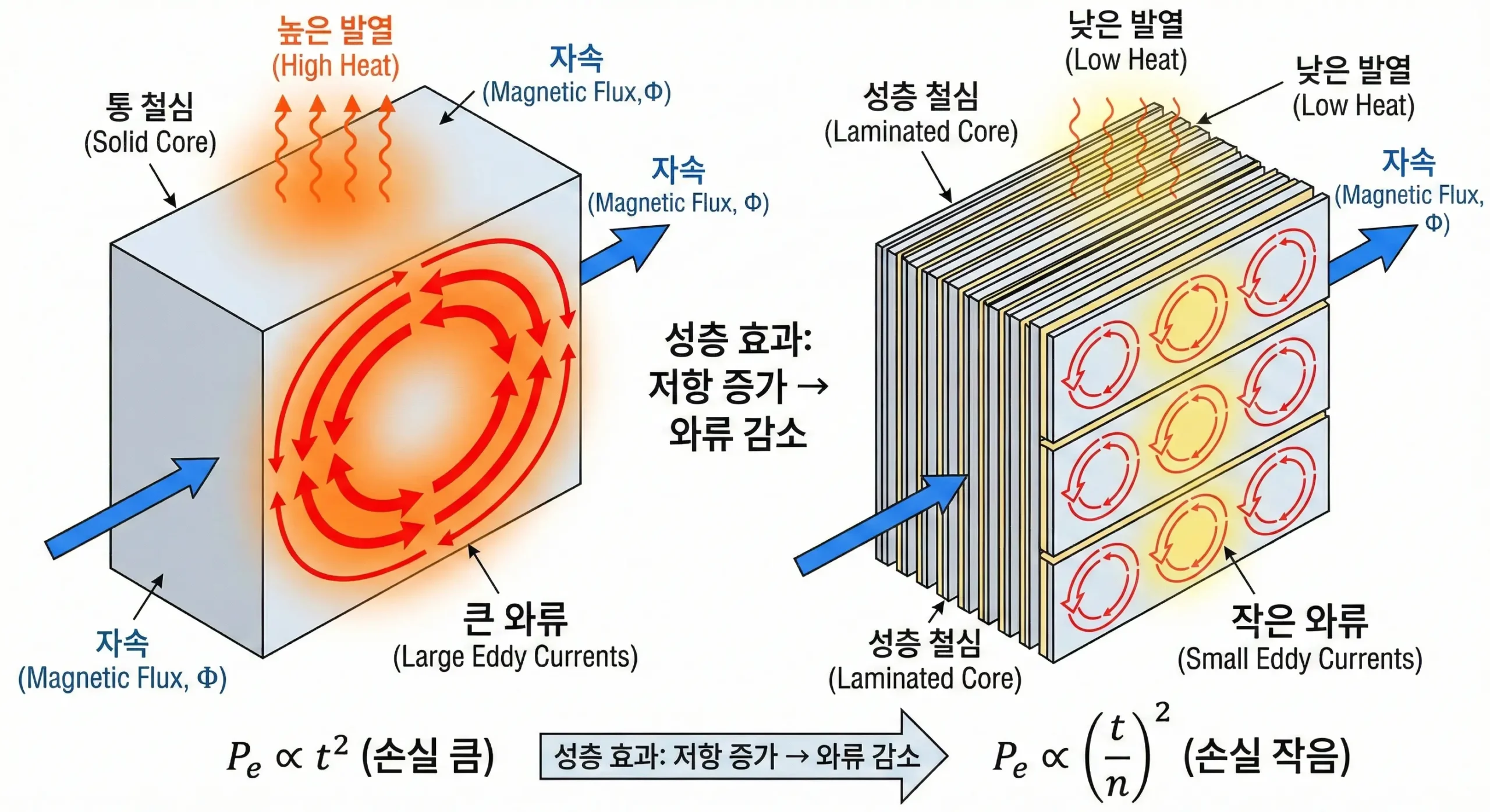 와류손(맴돌이 전류) 감소 원리 비교: 통 철심(Solid Core) 대 성층 철심(Laminated Core)의 전류 경로 및 발열 차이 다이어그램