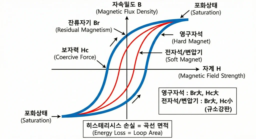 히스테리시스 곡선(B-H 곡선) 그래프: 잔류자기(Br)와 보자력(Hc)의 위치, 영구자석과 전자석(규소강판)의 곡선 모양 비교 및 히스테리시스 손실 면적 설명