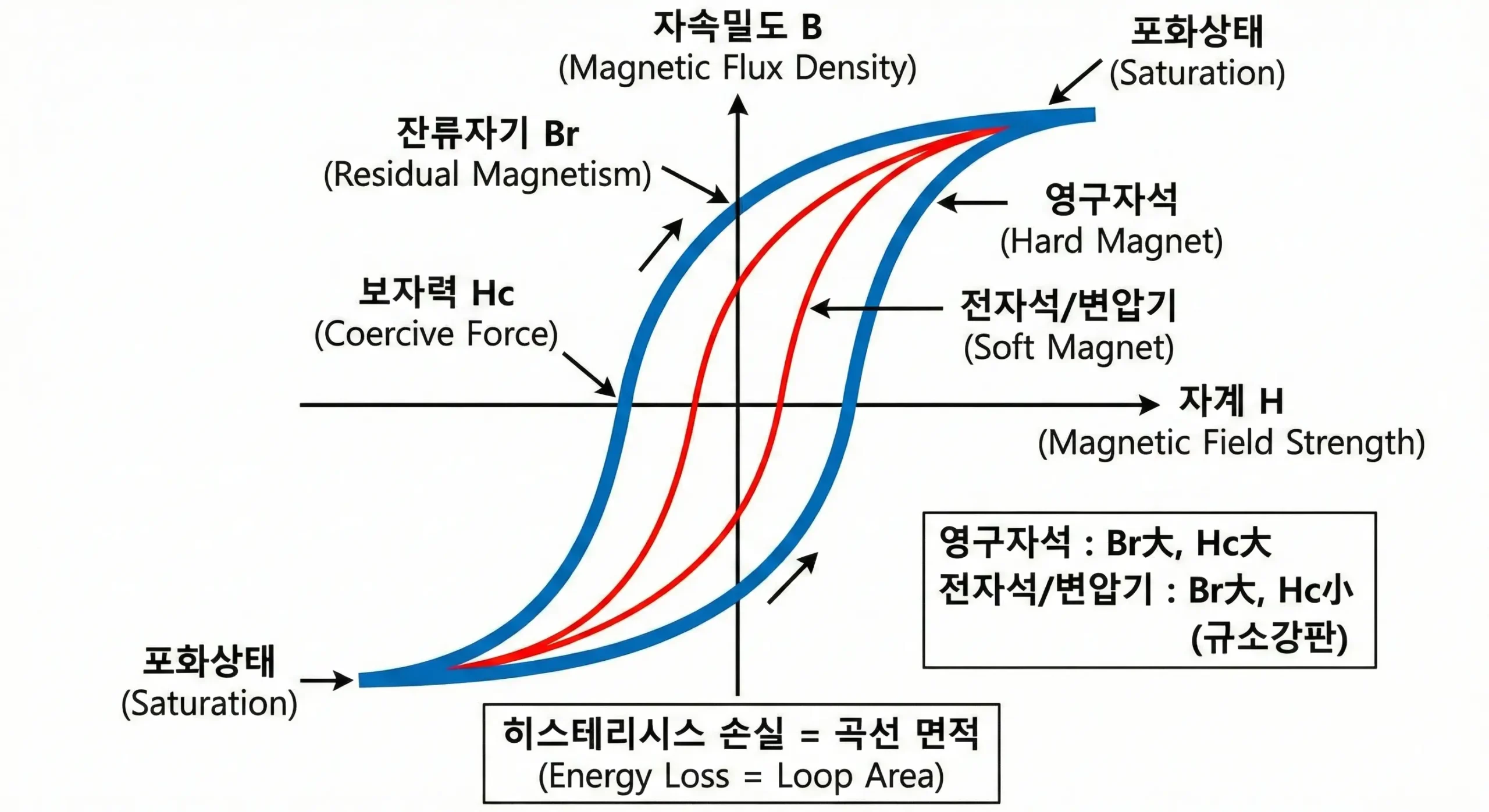 히스테리시스 곡선(B-H 곡선) 그래프: 잔류자기(Br)와 보자력(Hc)의 위치, 영구자석과 전자석(규소강판)의 곡선 모양 비교 및 히스테리시스 손실 면적 설명