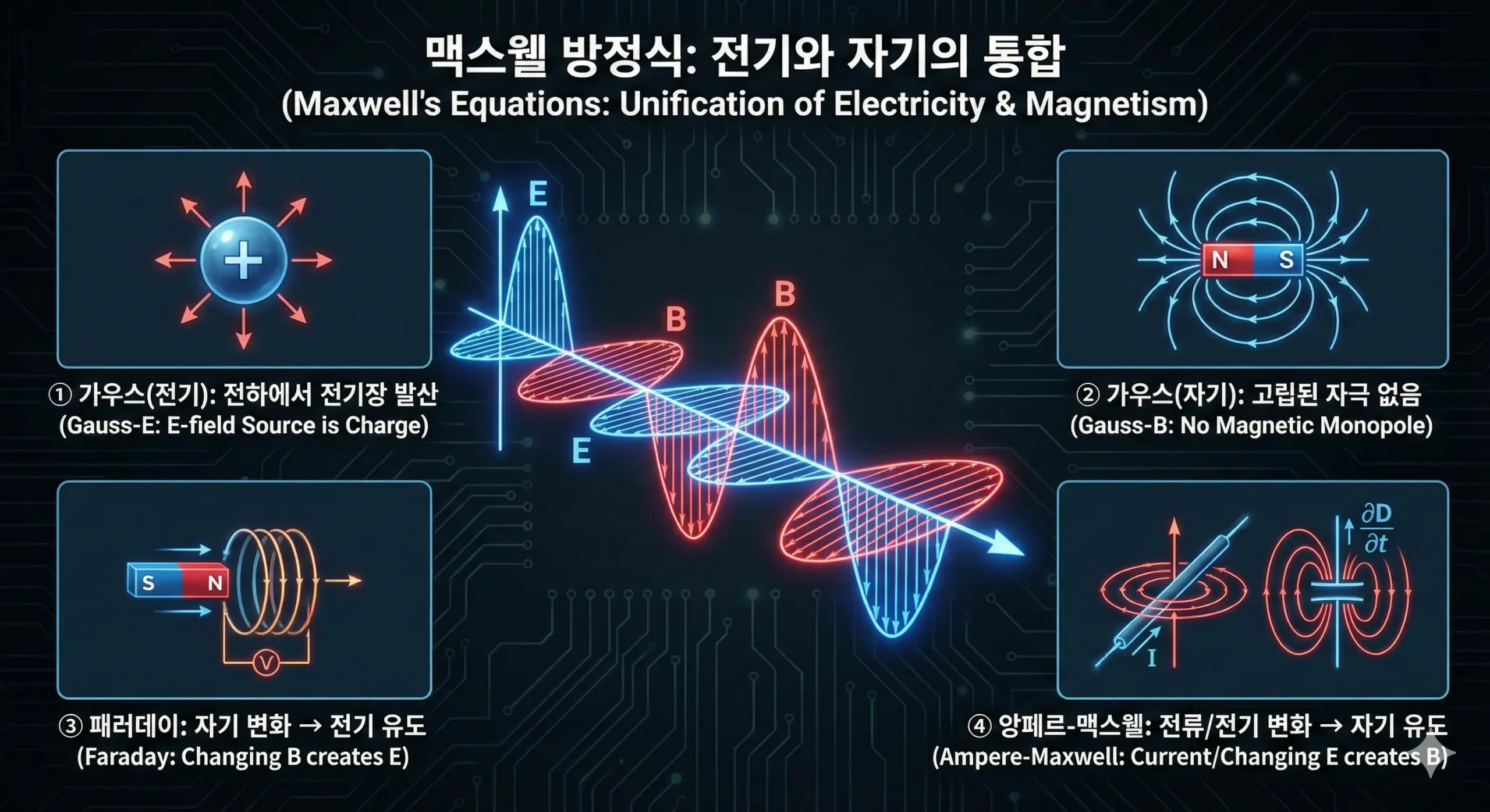 맥스웰 방정식 4가지 도식화: 가우스 법칙(전기/자기), 패러데이 유도 법칙, 앙페르-맥스웰 법칙의 물리적 의미와 전자기파 전파 원리