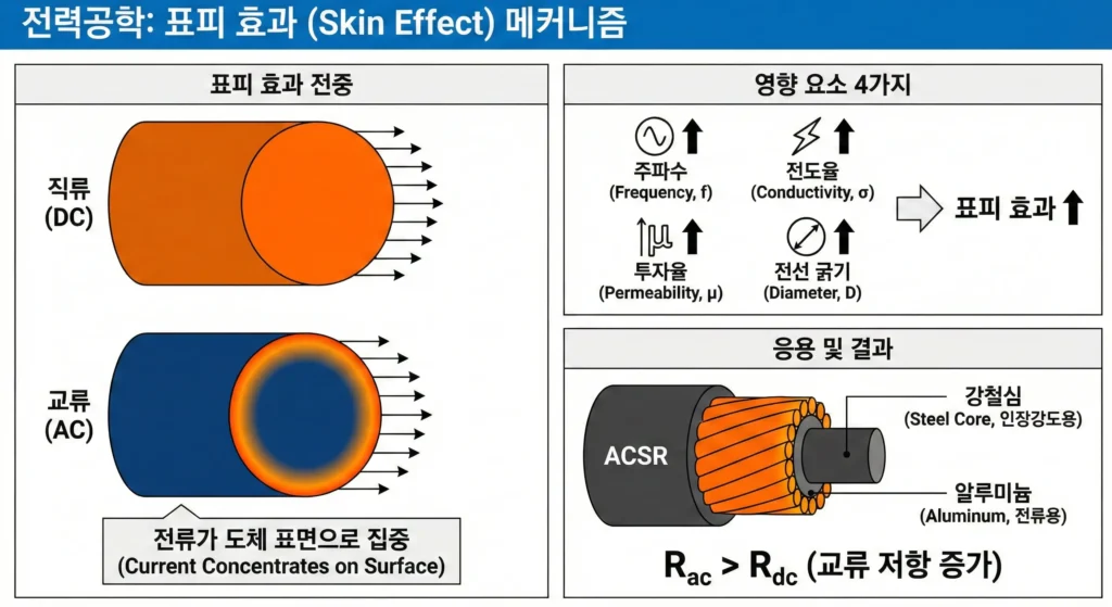 표피 효과(Skin Effect)의 원리 비교(직류 vs 교류), 영향 주는 4가지 요소(주파수, 전선 굵기 등) 및 ACSR 전선 단면도 구조